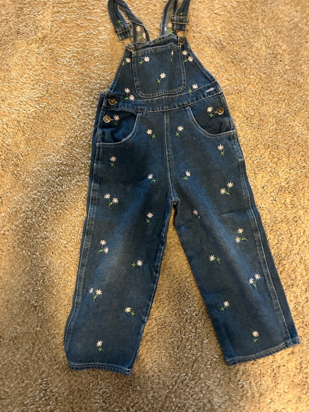 Denim Floral Embroidered Overalls - Dark Blue with Pink Flowers Girls sz 4 Talla